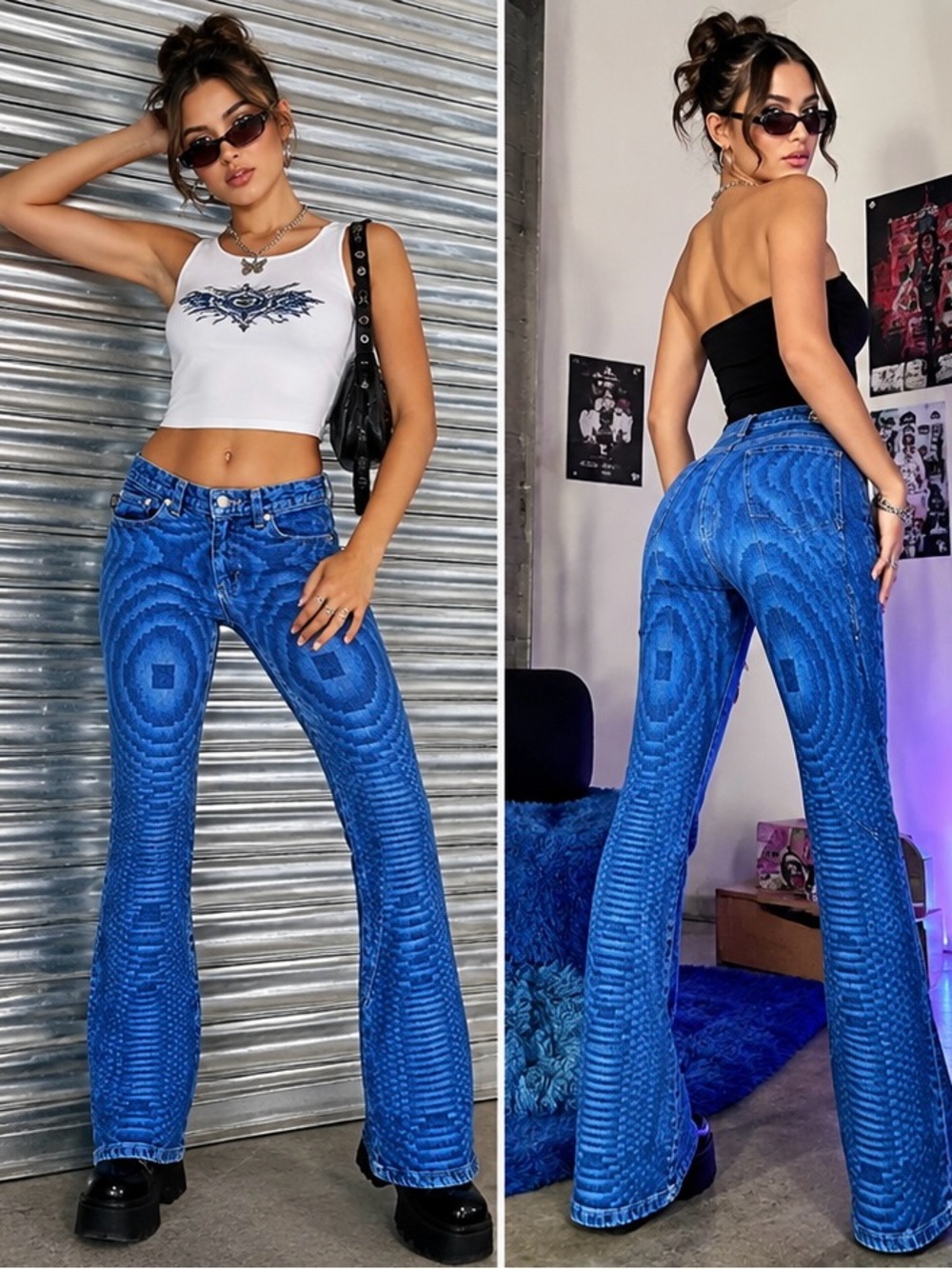 Vintage 90s Fractal Jeans Woman’s 26 Y2K Optical Laser Print Bootcut Cyber Denim